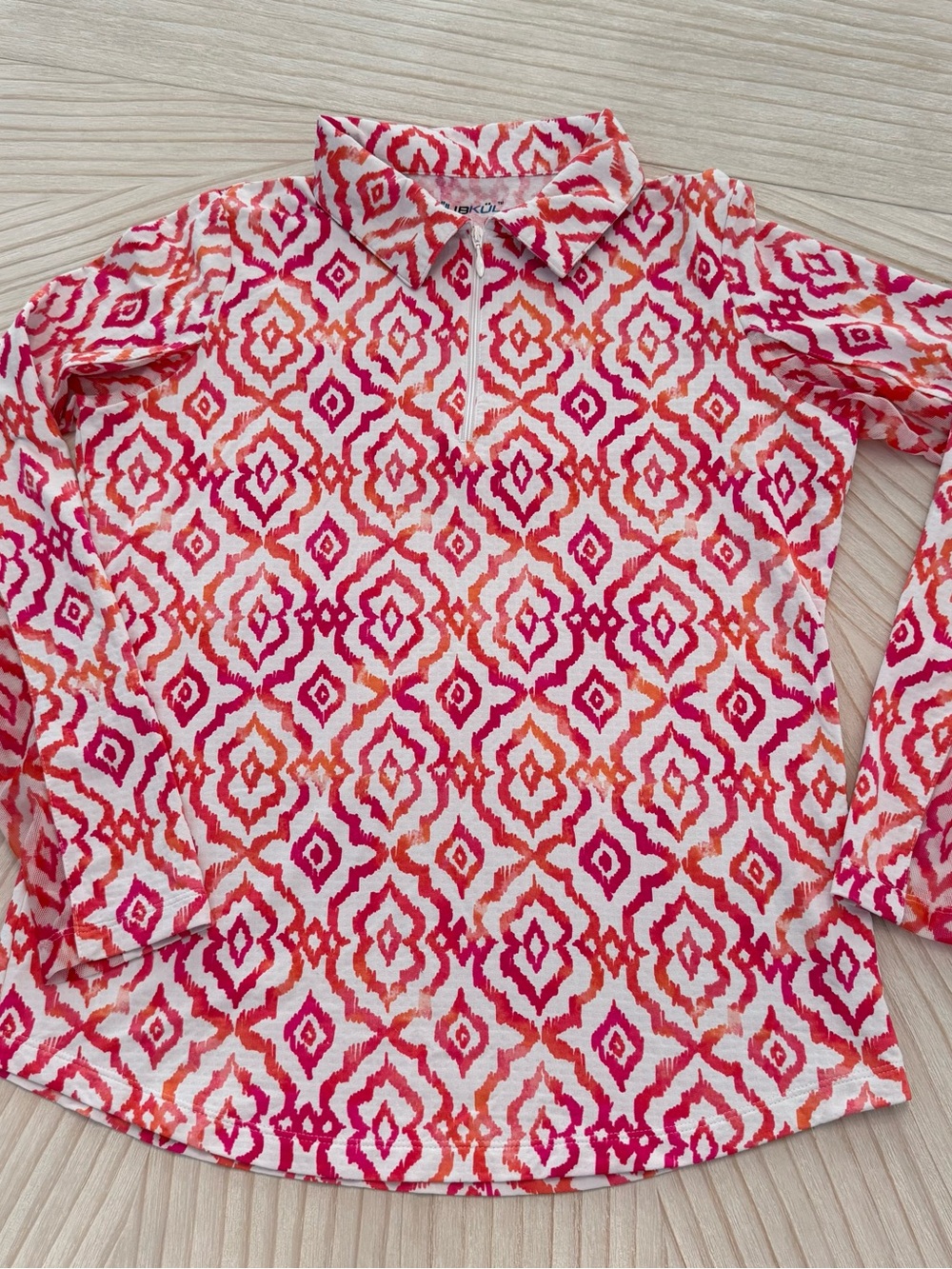 IBKUL Pink & Orange Geometric Long-Sleeve Polo